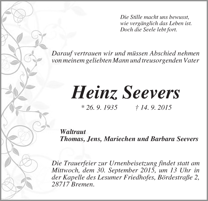 Traueranzeige von Heinz Seevers von Die Norddeutsche