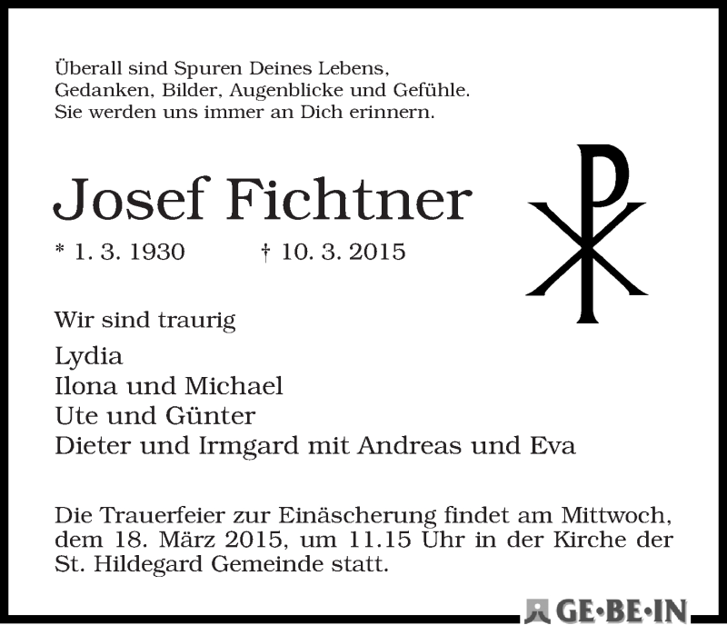 Traueranzeige von Josef Fichtner von WESER-KURIER
