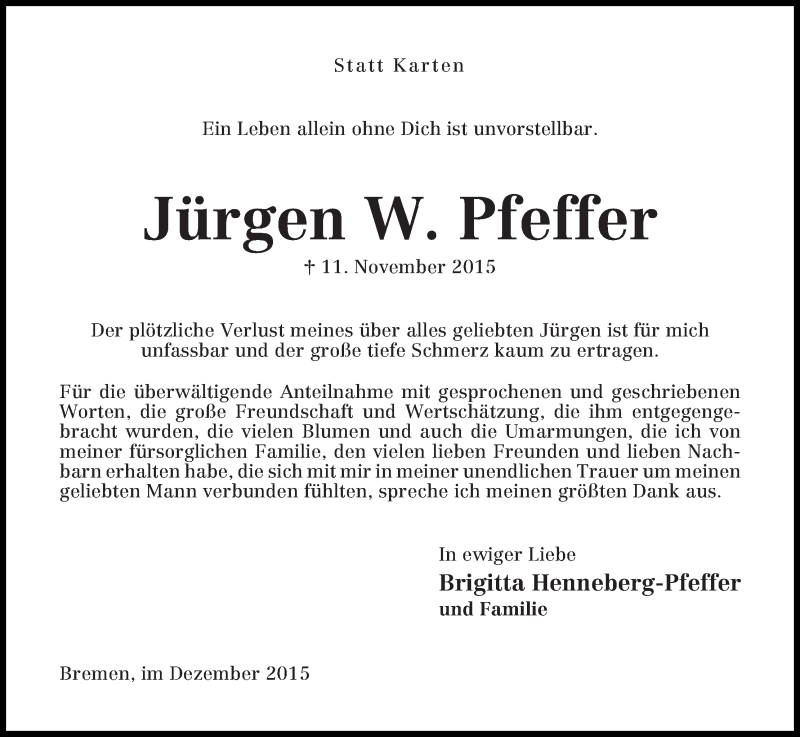Traueranzeige von Jürgen  Pfeffer von WESER-KURIER