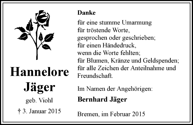 Traueranzeige von Hannelore Jäger von WESER-KURIER