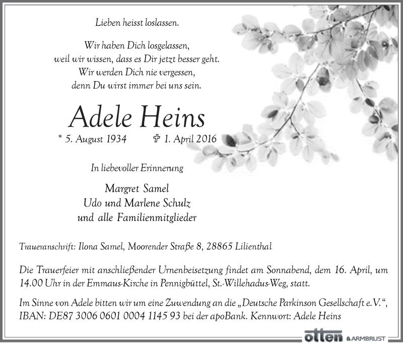 Traueranzeige von Adele Heins von Osterholzer Kreisblatt