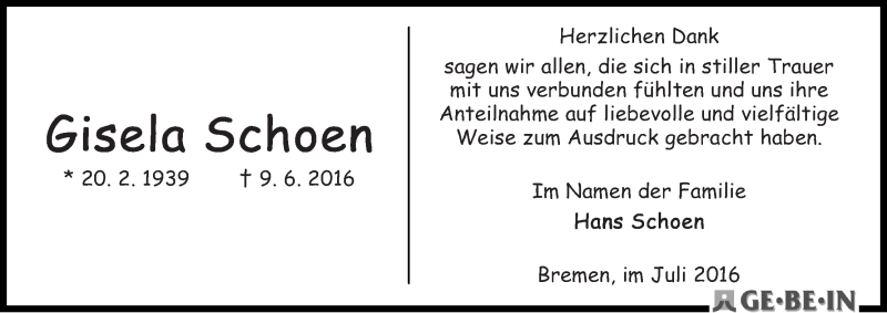 Traueranzeige von Gisela Schoen von WESER-KURIER