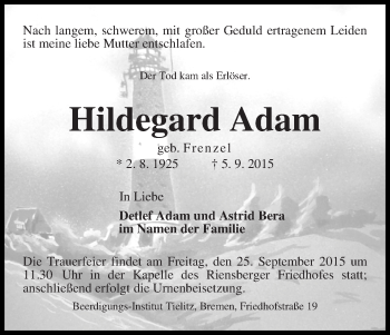Traueranzeige von Hildegard Adam