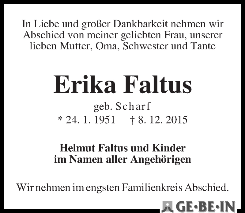 Traueranzeige von Erika Faltus von WESER-KURIER