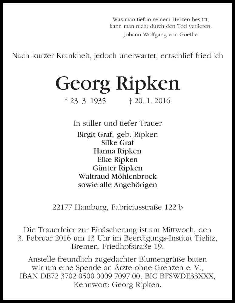 Traueranzeige von Georg Ripken von WESER-KURIER