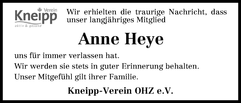 Traueranzeige von Anne Heye von Osterholzer Kreisblatt