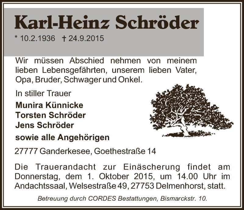 Traueranzeige von Karl-Heinz Schröder von WESER-KURIER