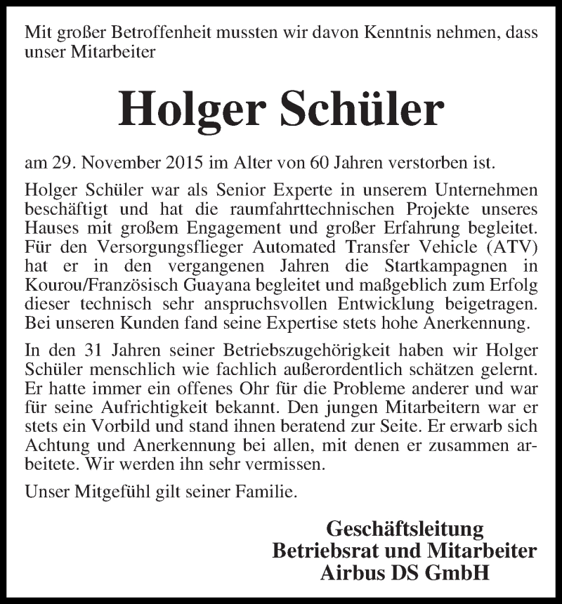 Traueranzeige von Holger Schüler von WESER-KURIER