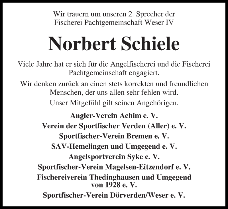Traueranzeige von Norbert Schiele von WESER-KURIER