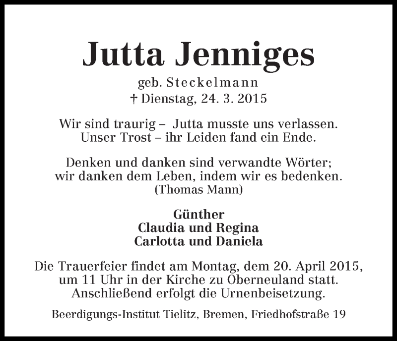 Traueranzeige von Jutta Jenniges von WESER-KURIER