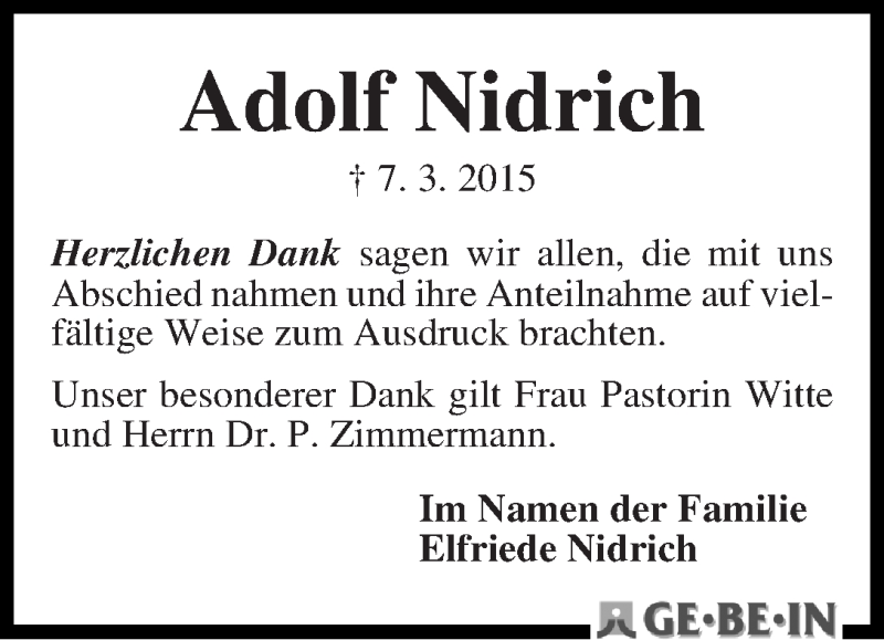 Traueranzeige von Adolf Nidrich von WESER-KURIER