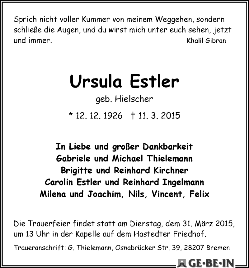 Traueranzeige von Ursula Estler von WESER-KURIER