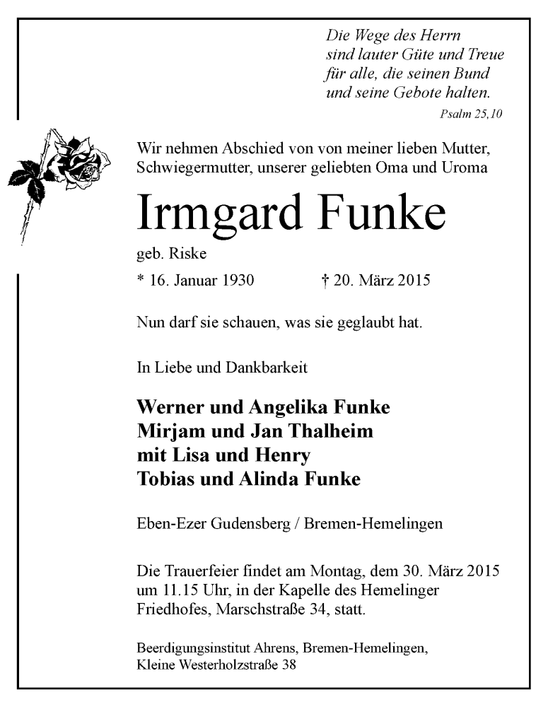 Traueranzeige von Irmgard Funke von WESER-KURIER