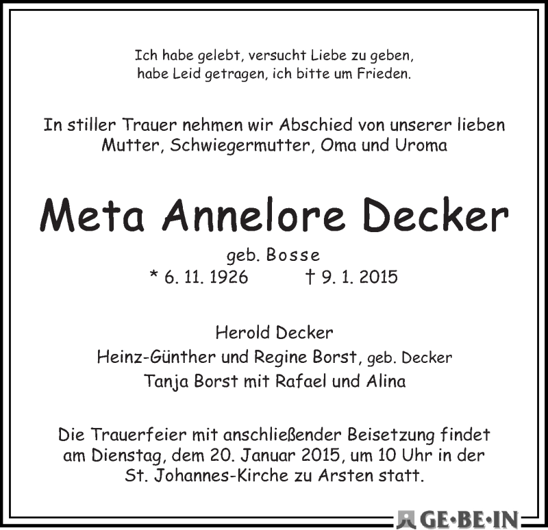 Traueranzeige von Meta Annelore Decker von WESER-KURIER