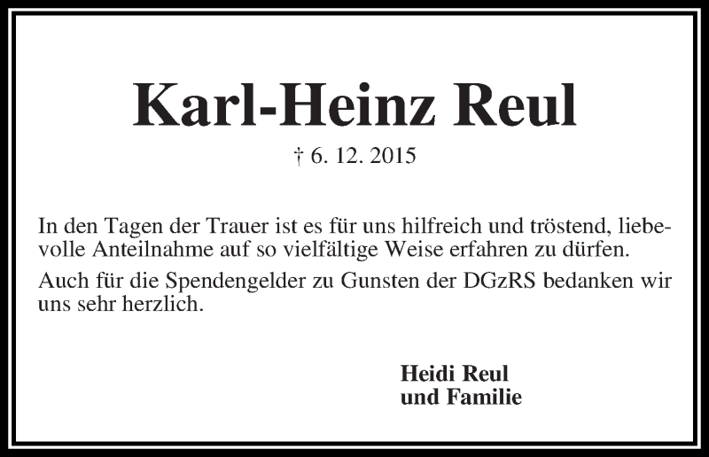 Traueranzeige von Karl-Heinz Reul von Die Norddeutsche