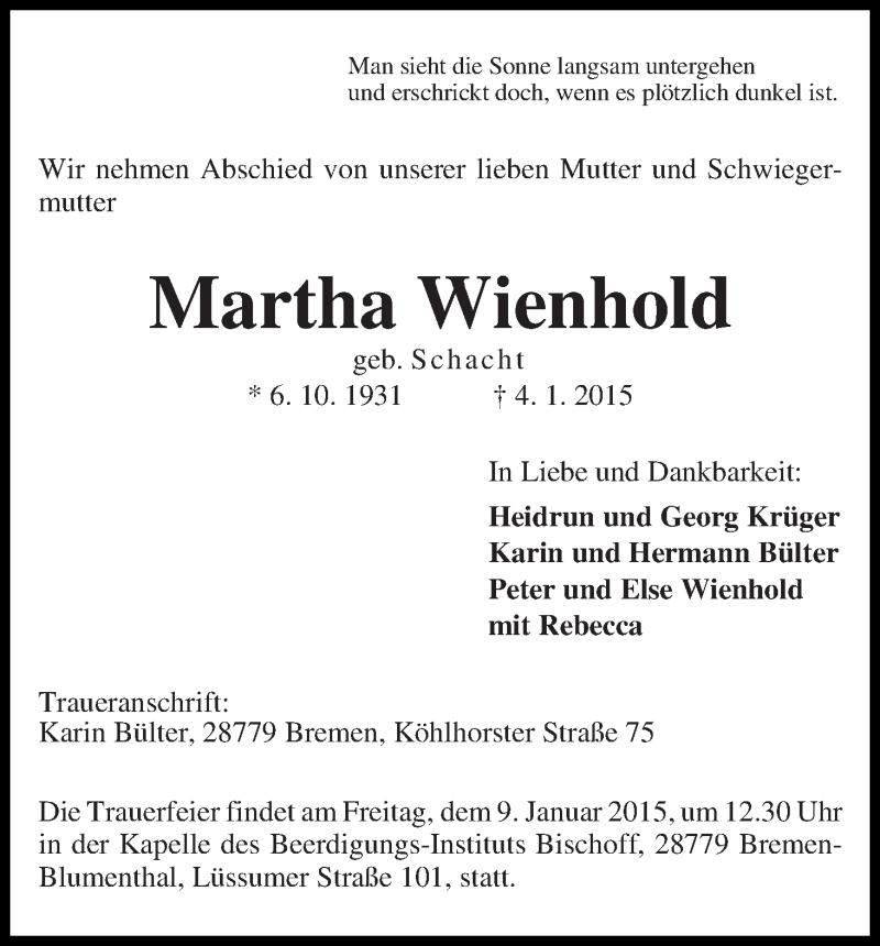  Traueranzeige für Martha Wienhold vom 07.01.2015 aus Die Norddeutsche