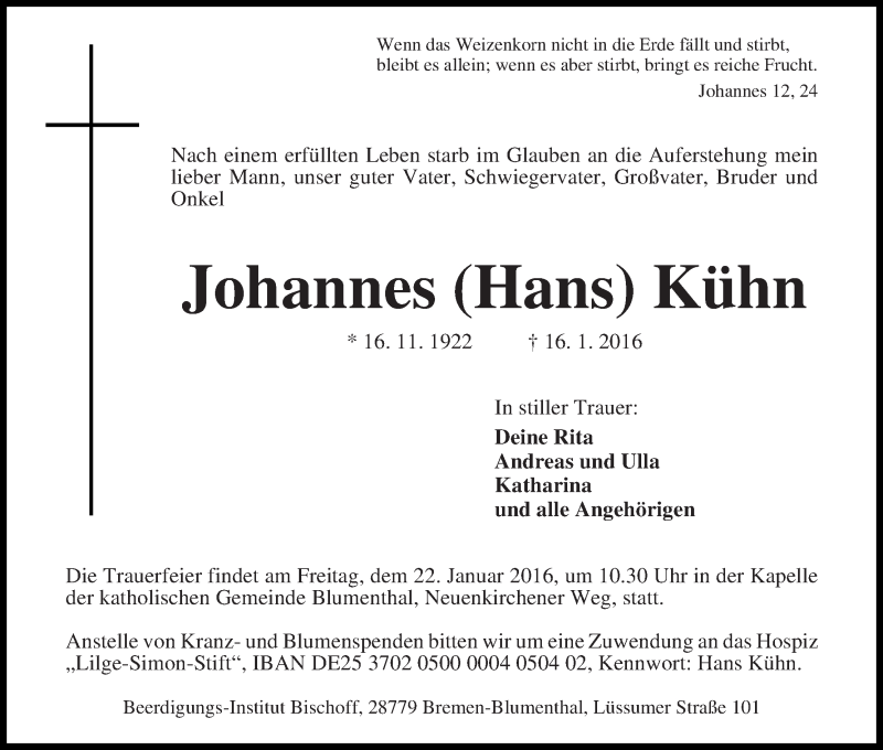 Traueranzeige von Johannes (Hans) Kühn von Die Norddeutsche