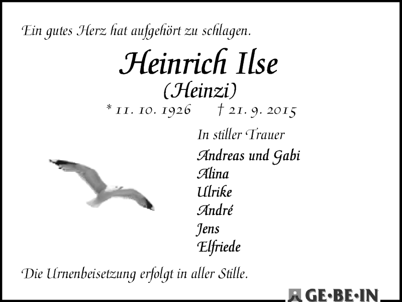Traueranzeige von Heinrich (Heinzi) Ilse von WESER-KURIER