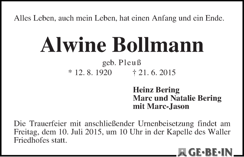 Traueranzeige von Alwine Bollmann von WESER-KURIER