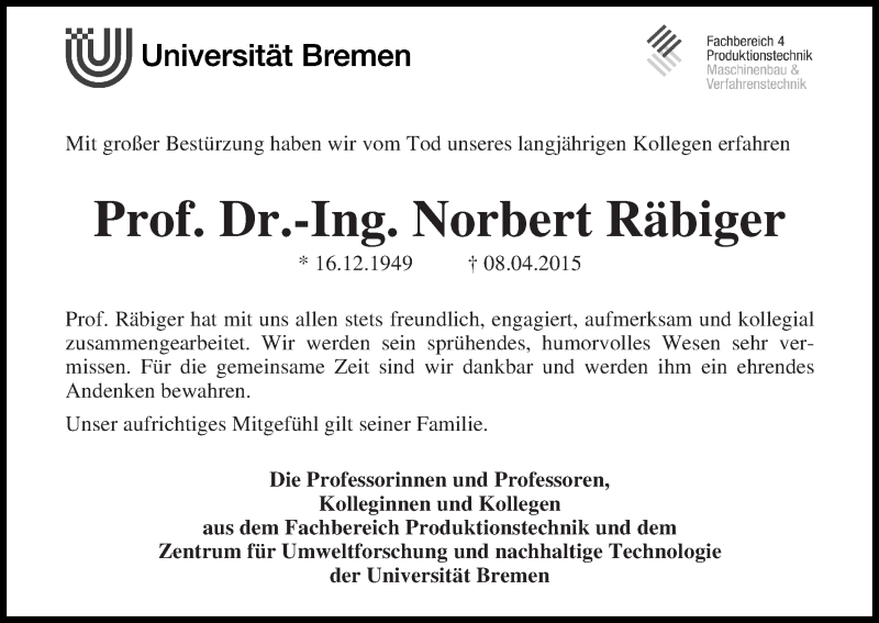  Traueranzeige für Norbert Räbiger vom 09.05.2015 aus WESER-KURIER