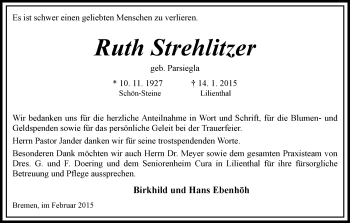 Traueranzeige von Ruth Strehlitzer