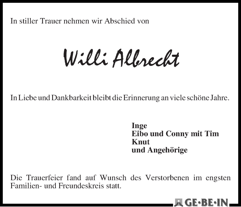 Traueranzeige von Willi Albrecht von WESER-KURIER