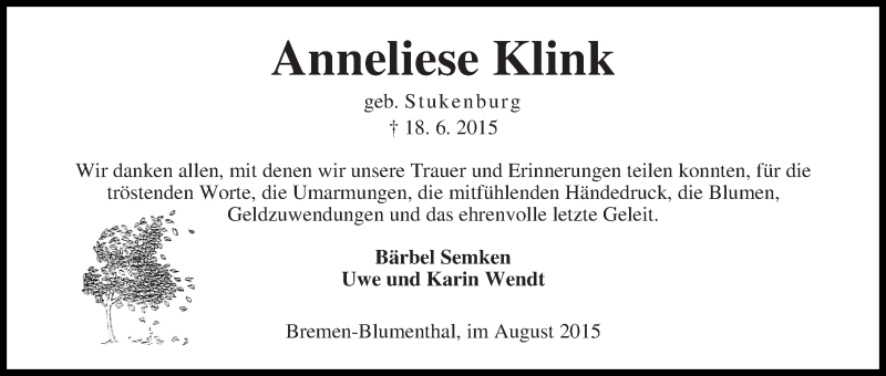 Traueranzeige von Annelise Klink von Die Norddeutsche