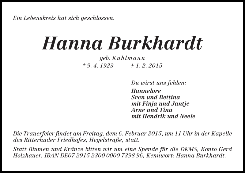 Traueranzeige von Hanna Burkhardt von Osterholzer Kreisblatt