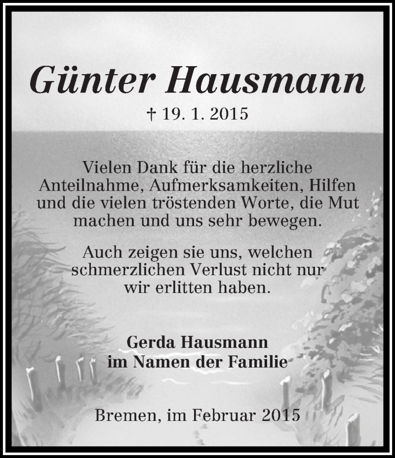 Traueranzeige von Günter Hausmann von WESER-KURIER