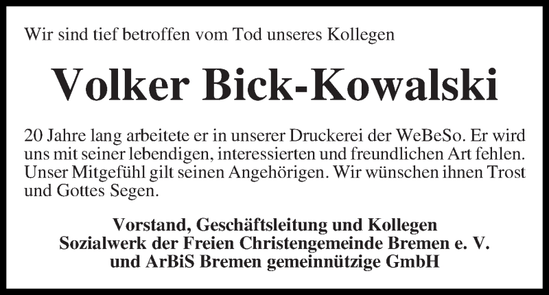 Traueranzeige von Volker Bick-Kowalski von WESER-KURIER