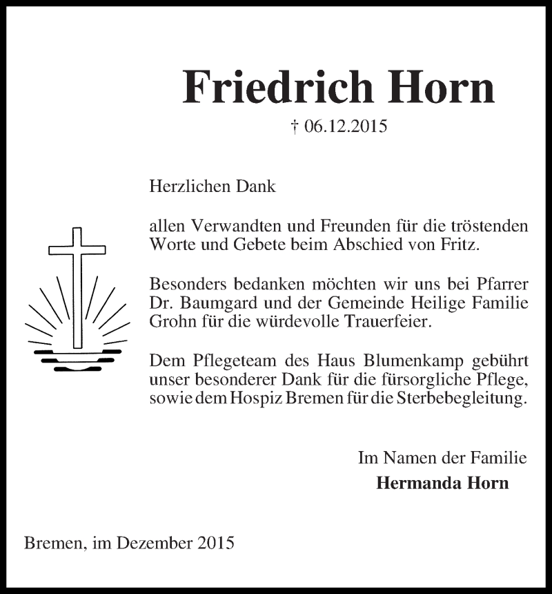 Traueranzeige von Friedrich Horn von Die Norddeutsche
