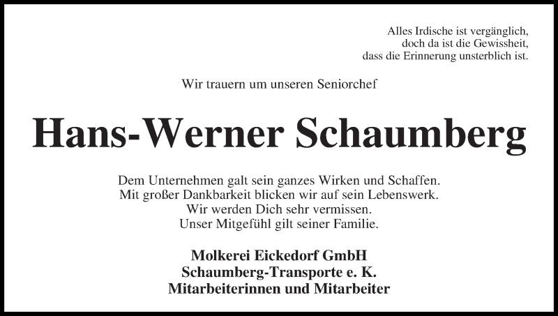  Traueranzeige für Hans-Werner Schaumberg vom 28.11.2015 aus Wuemme Zeitung