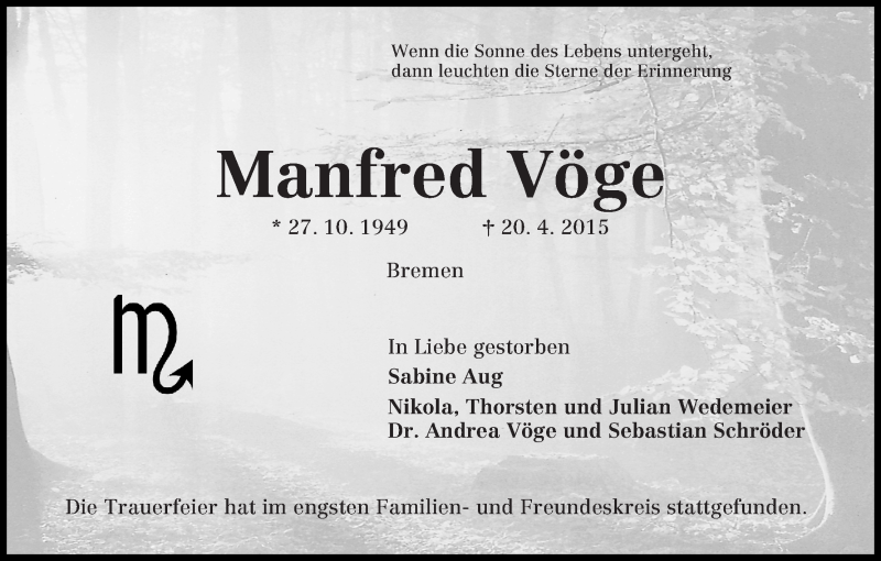  Traueranzeige für Manfred Vöge vom 02.05.2015 aus WESER-KURIER
