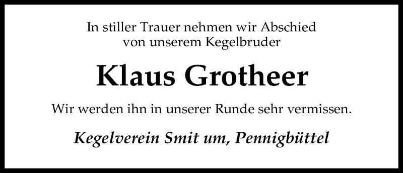 Traueranzeige von Klaus Grotheer von Osterholzer Kreisblatt