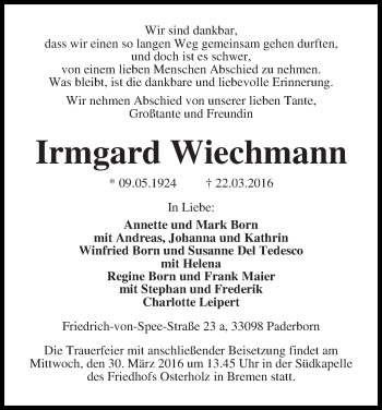 Traueranzeige von Irmgard Wiechmann