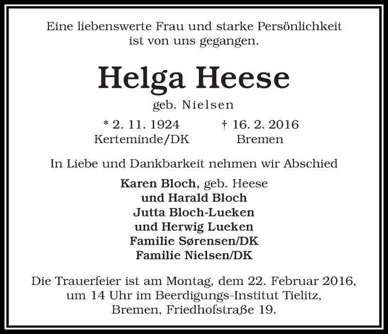 Traueranzeige von Helga Heese von WESER-KURIER
