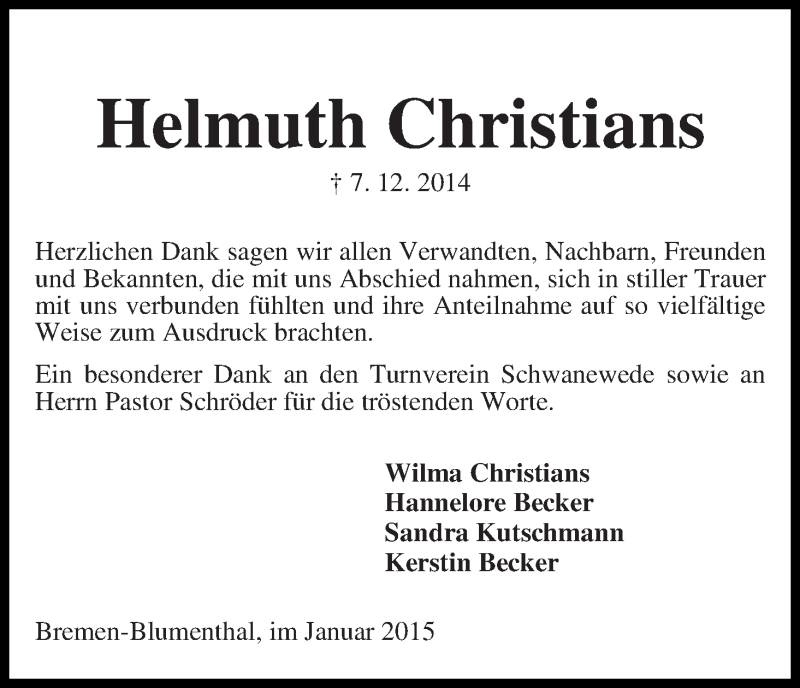Traueranzeige von Helmuth Christians von Die Norddeutsche