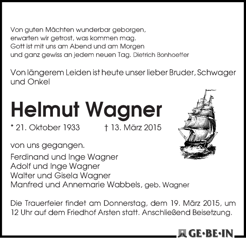 Traueranzeige von Helmut Wagner von WESER-KURIER