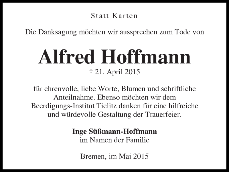 Traueranzeige von Alfred Hoffmann von WESER-KURIER