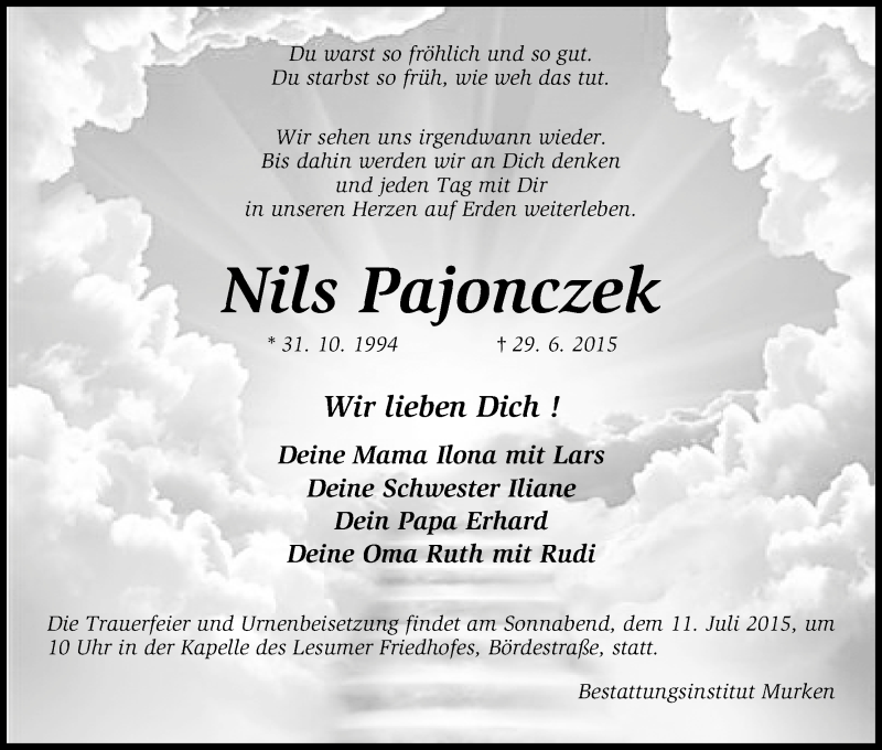  Traueranzeige für Nils Pajonczek vom 06.07.2015 aus Die Norddeutsche