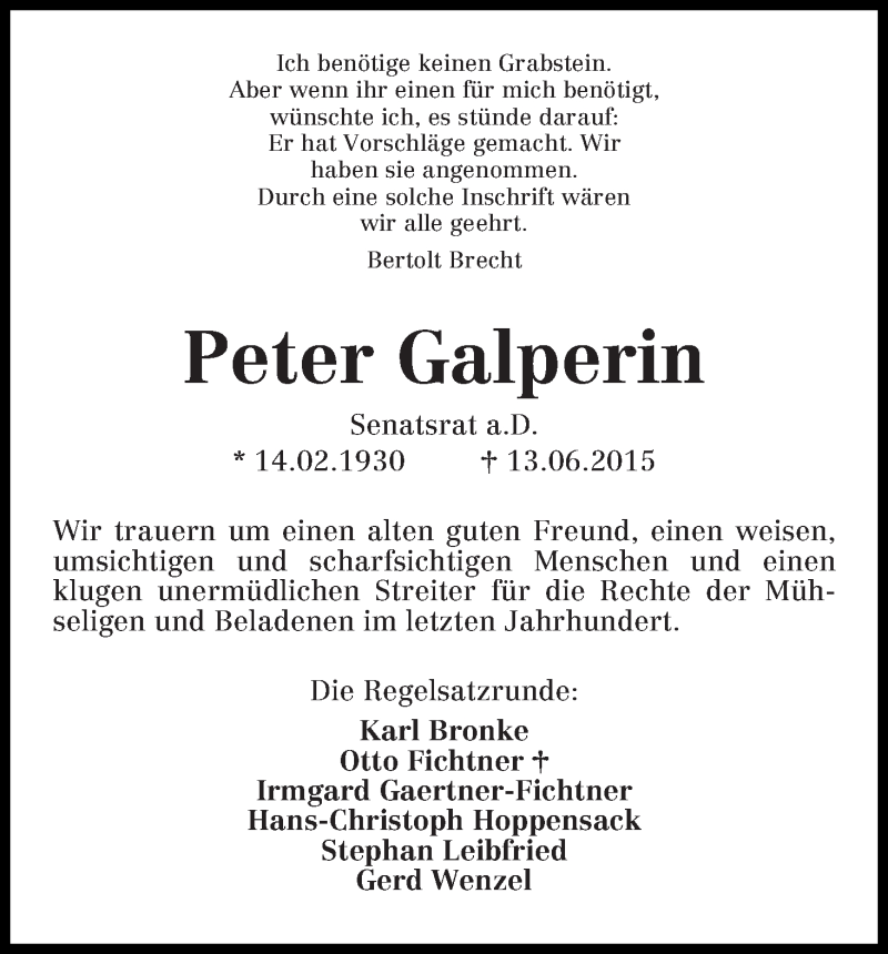 Traueranzeige von Peter Galperin von WESER-KURIER