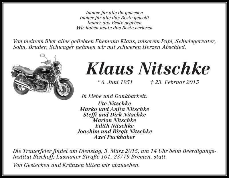  Traueranzeige für Klaus Nitschke vom 26.02.2015 aus Die Norddeutsche