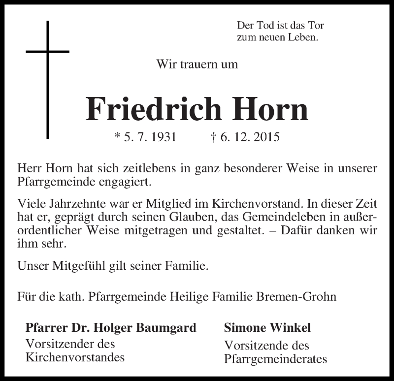 Traueranzeige von Friedrich Horn von Die Norddeutsche