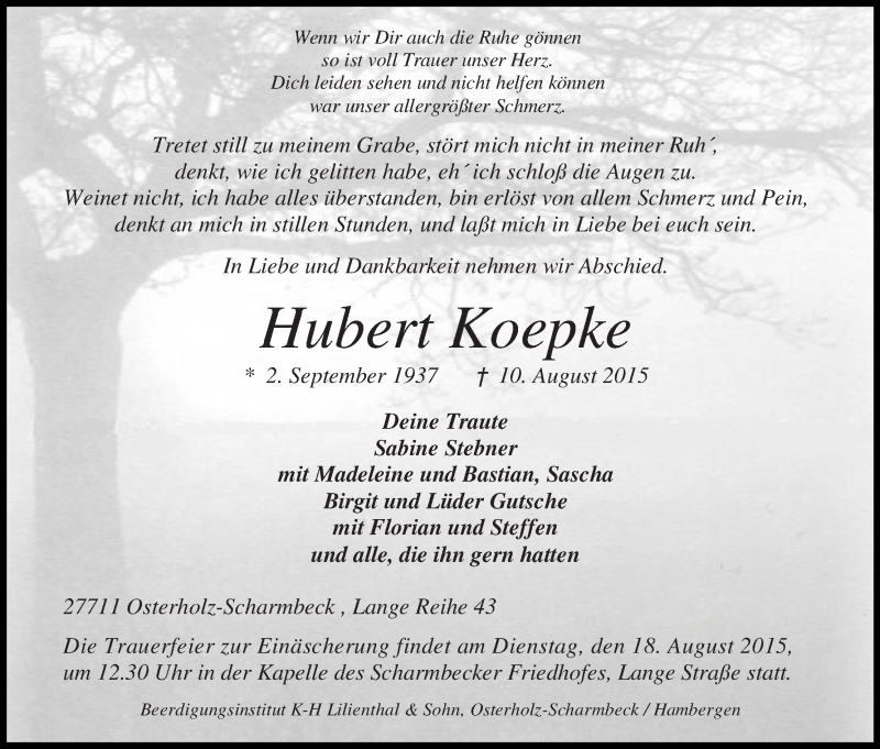  Traueranzeige für Hubert Koepke vom 12.08.2015 aus Osterholzer Kreisblatt