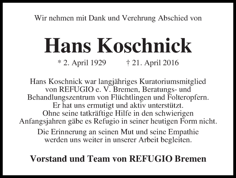 Traueranzeige für Hans Koschnick vom 29.04.2016 aus WESER-KURIER
