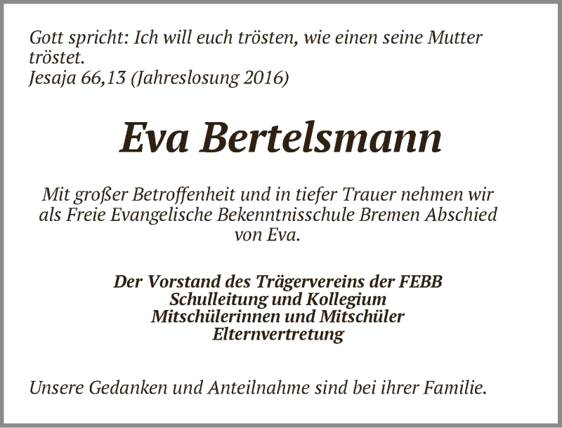  Traueranzeige für Eva Christin Bertelsmann vom 16.01.2016 aus WESER-KURIER