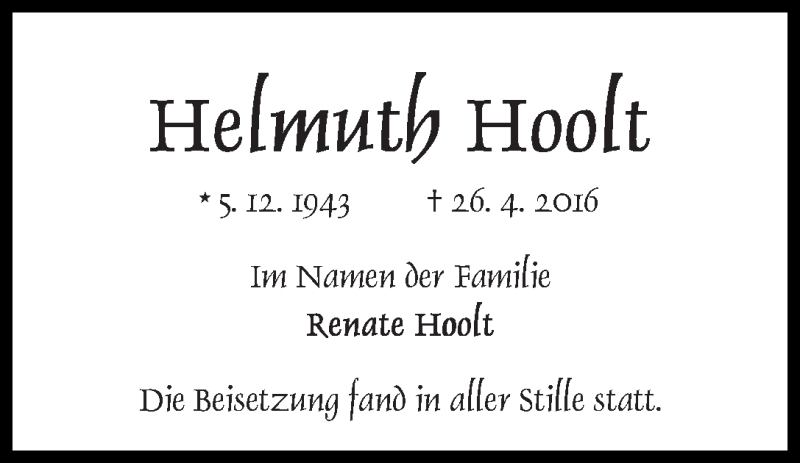 Traueranzeige von Helmuth Hoolt von WESER-KURIER