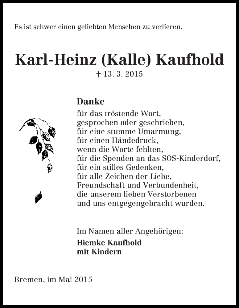 Traueranzeige von Karl-Heinz (Kalle) Kaufhold von Die Norddeutsche