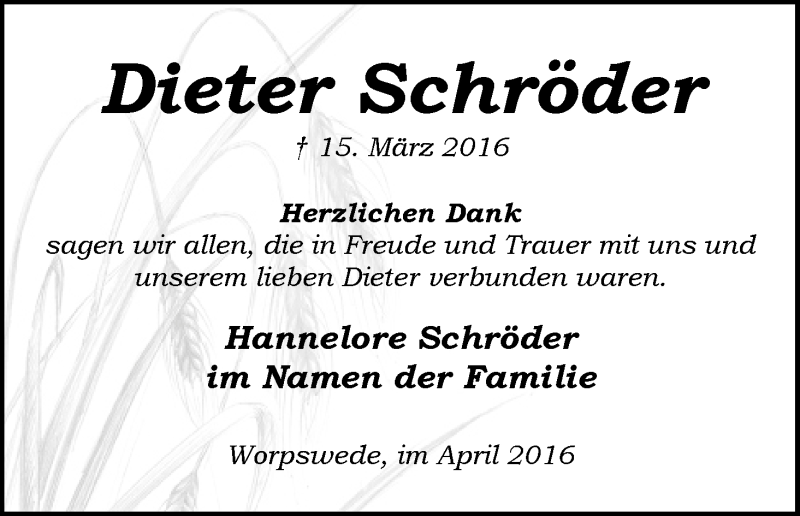 Traueranzeige von Dieter Schröder von Wuemme Zeitung
