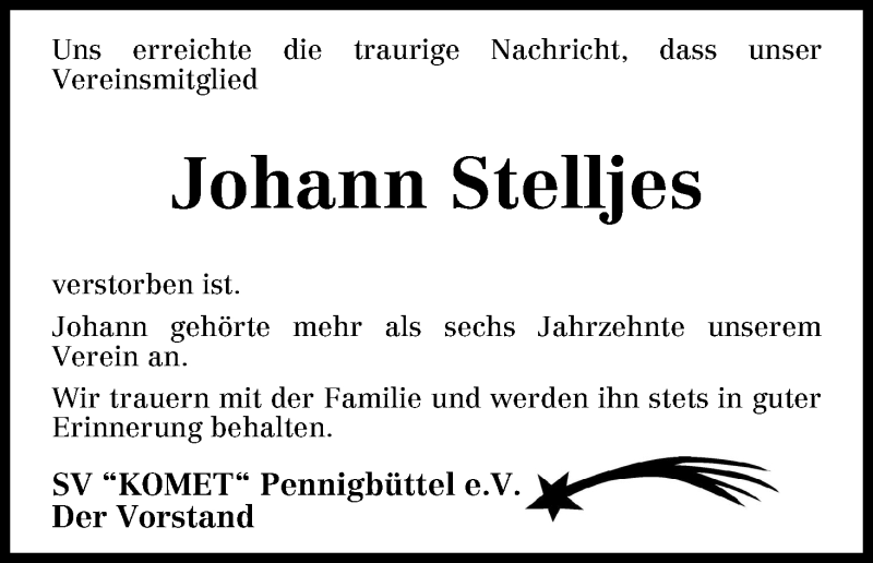 Traueranzeige von Johann Stelljes von Osterholzer Kreisblatt